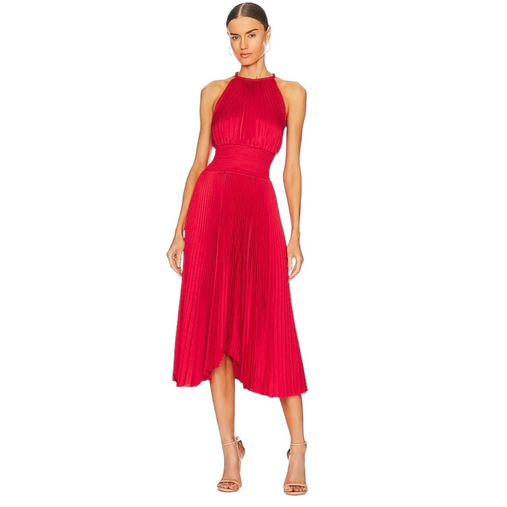 A.L.C. Vibrant Red Pleated Halter Midi Dress